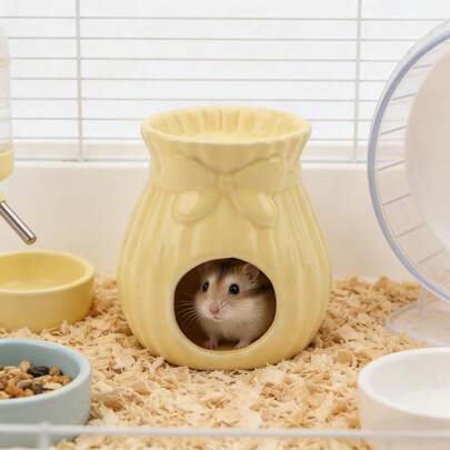 Nhà trú ẩn bằng gốm sứ cho chuột hamster, thích hợp cho các loài động vật nhỏ như chuột hamster và chuột nhắt, nơi trú ẩn trang trí dễ thương (Màu vàng)