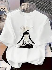 Primavera y Verano: Nuevo y Moderno Vestido de Perlas para Mujer con Diseño de Cuello Redondo Personalizado, Patrón de Letras, Versátil para Uso Diario, Casual y Cómodo, Camiseta de Manga Corta de Algodón, Estilo Casual y Versátil. - Blanco - Ver 7