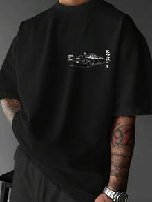 1 Piece Of Shane Store Men's Clothing, Men's Cotton T-Shirts. Printed T-Shirt With Design For Men, Made Of Comfortable, Breathable And Cozy Fiber, New Arrival, Slightly Dropped Shoulder Design With Round Neck, Urban Fashion Clothing, Fiber. - 黑色 - 查看 2
