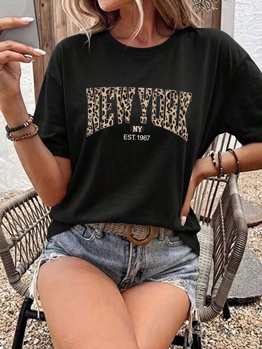 Women's Plus Size Oversized T-Shirt With Heart And Leopard Print - Chic Casual Clothing For Women, Women's Casual Graphic Print T-Shirt | Summer 2026 - -2 - 查看 1