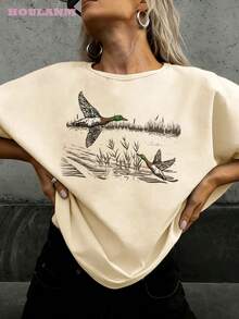 Camiseta Vintage con Estampado de "Patos Realos Voladores" para Mujer, Ideal para Vacaciones de Verano y Uso Casual |   Tops de primavera, camiseta de manga corta de talla grande, ropa de mujer, ropa de verano para mujer - Albaricoque - Ver 6