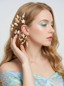 1 chiếc khuyên tai kẹp vành tai hình vỏ sò và sao biển tự nhiên, kiểu dáng boho không cần xỏ lỗ dành cho nữ, khuyên tai kẹp vành tai hình vỏ sò và sao biển phong cách bohemian, kiểu dáng mạ vàng không cần xỏ lỗ, khuyên tai dáng dài hình đại dương dành cho nữ. - Vàng - Xem 1