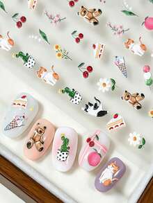1片5D立体浮雕可爱卡通美甲贴纸，图案包括熊、猫、樱桃、桃子、花朵和甜点，自粘式美甲贴花，防水持久，是春夏DIY美甲的理想之选，也是送给女孩和女士的绝佳礼物。 - 彩色 - 查看 4
