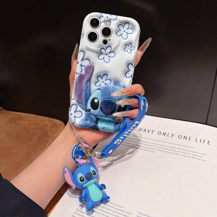 Disney Lilo And Stitch Phone Case : 3D Fluffy Pattern Border Protector Phone Soft Phone Case With A Free Cute Stitch Bracelet Chain Lanyard, Stitch, Lilo, Angel, For Apple 17 Promax 17 Pro 16 15 14 13 12 11 Pro Max XS Max X XR Soft Cover Summer Phone Case - 白色 - 查看 1