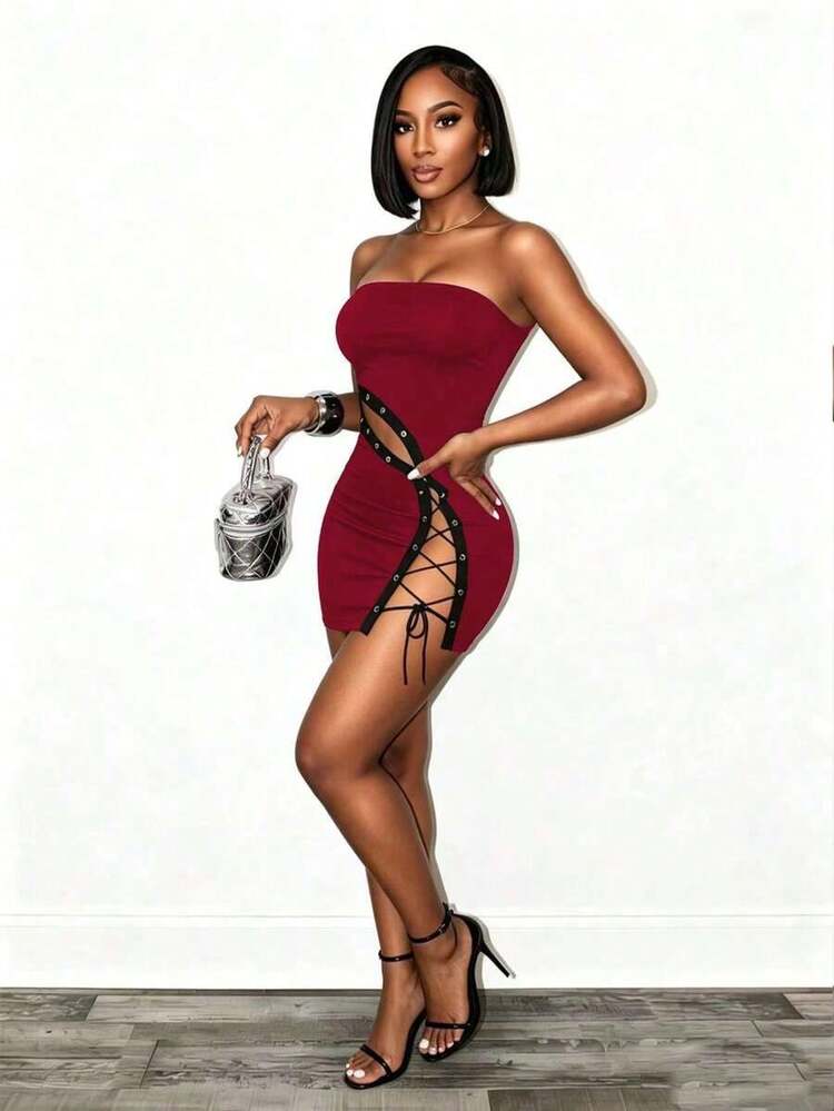 Women Short Dresses - 酒紅色 - 查看 4