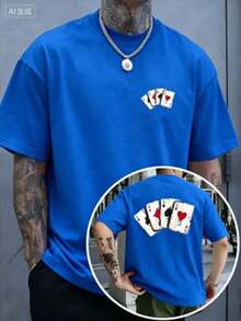 Camiseta de manga corta con estampado de cartas de póker Under The Radar, 100% 210G, estampado a doble cara, diseño personalizado en el pecho y la espalda, cuello redondo informal, camiseta de moda para hombre, cómoda en todas las estaciones - Camiseta unisex de algodón holgada de manga corta y cuello redondo estilo vintage urbano. 100% Algodón - Azul - Ver 6