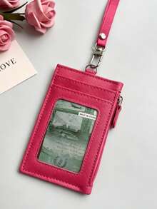 Tarjetero de piel sintética PU con múltiples ranuras para tarjetas, cordón y monedero con cremallera, estuche para tarjeta de identificación de estudiante/trabajo unisex - Multicolor - Ver 4