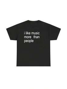 Men's Casual Short Sleeve T-Shirt - Features A Print That Says 'I Like Music More Than People', Made From 100% Breathable Polyester Knit Fabric, With A Regular Fit And Crew Neck Design, Perfect For Summer Outdoor Activities And Everyday Wear - 黑色 - 查看 1