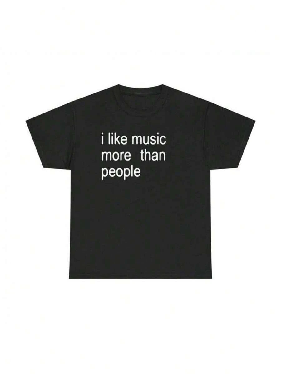 Men's Casual Short Sleeve T-Shirt - Features A Print That Says 'I Like Music More Than People', Made From 100% Breathable Polyester Knit Fabric, With A Regular Fit And Crew Neck Design, Perfect For Summer Outdoor Activities And Everyday Wear - 黑色 - 查看 1