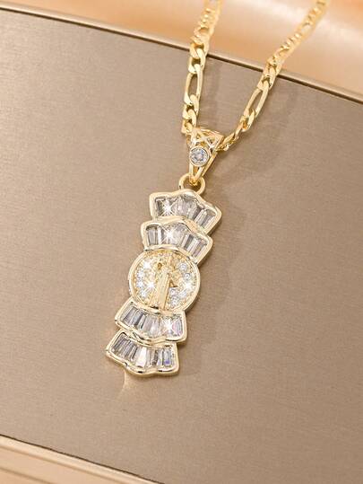 1PC Women's Fashion Retro Religious St. Benedict Zirconia Necklace, 3D Relief Craft With Rich Details, Inlaid With Clear Zirconia For Low-Key Sparkle. 50cm Figaro Chain Classic And Versatile, Suitable For Single Or Layered Wear, Combining Retro Fashion And Religious Protection Meaning.