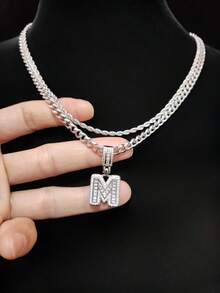 Bộ 2 món: 1 mặt dây chuyền chữ cái đính đá Cubic Zirconia & 2 dây chuyền thép không gỉ, 26 chữ cái tiếng Anh, Dây chuyền mặt dây chuyền phong cách hip hop cổ điển dành cho nữ, Thích hợp đeo hàng ngày hoặc dự tiệc, Quà tặng ngày Valentine - Bạc - Xem 8