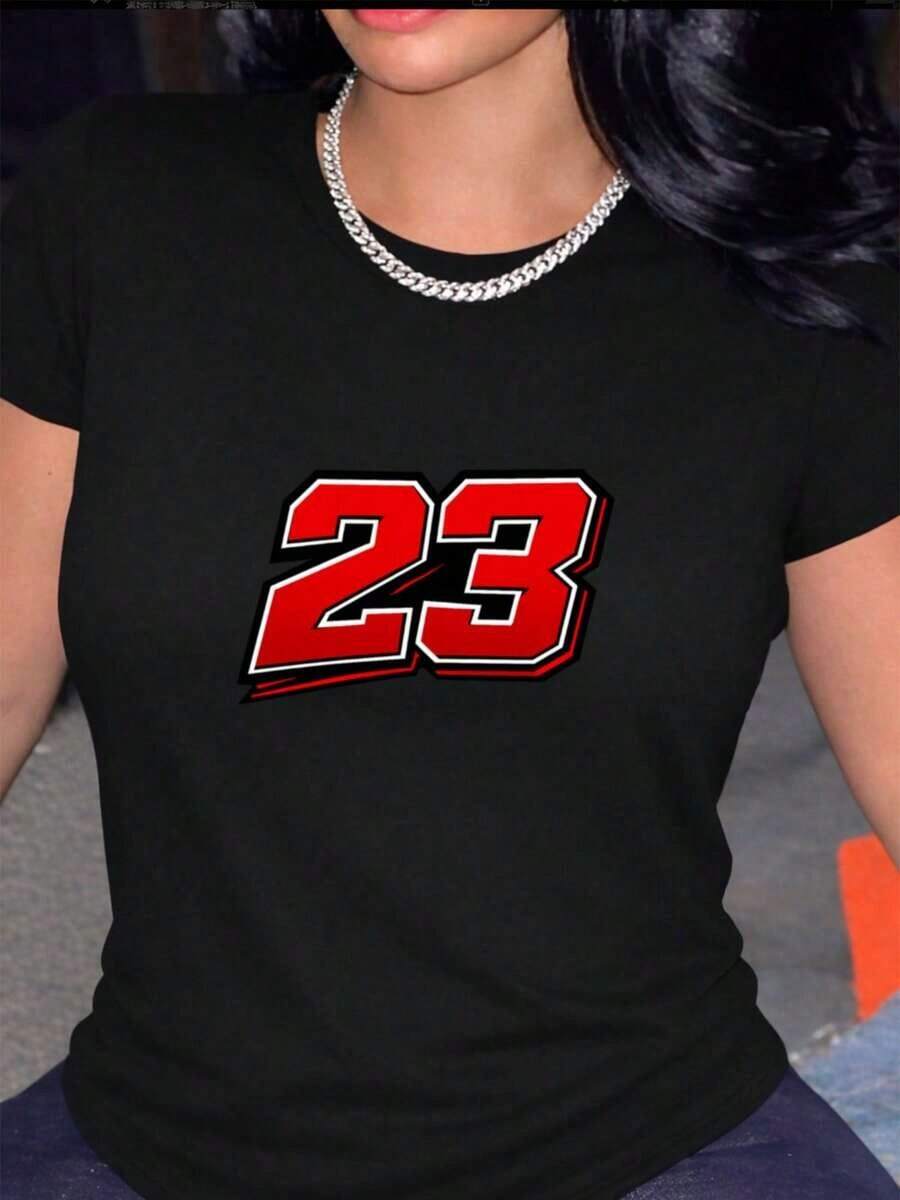 Comfortable Women's Chicago 23 Print T-Shirt, Urban Style T-Shirt, Breathable Everyday T-Shirt, Chicago American Urban Fashion Top, Chicago T-Shirt, Summer Clothes, Geometric Print, Comfortable Material, Short Sleeve T-Shirt JDAGLoose Versatile Short Sleeve T-Shirt For Women - 黑色 - 查看 1