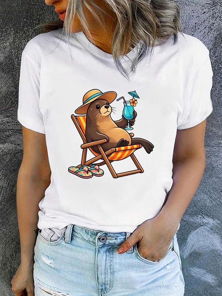 Women's Short-Sleeved Crew Neck T-Shirt, Casual, Pure Cotton, Ideal For Summer Vacation, Machine Washable, New Women's Clothing, Versatile For Going Out, Sporty Style. ZFB9 - 白色_07 - 查看 1