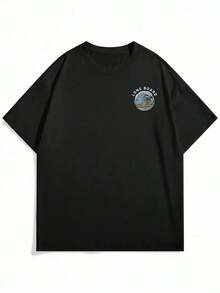 Men's Short Sleeve T-Shirt With Beach And Surf Elements Print, Comfortable And Breathable, For Summer Use - 黑色 - 查看 5