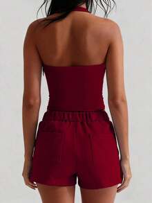 Camiseta sin espalda sexy, top de verano con cuello cuadrado elástico, ajuste casual y elegante para mujeres, color blanco - Burdeos - Ver 4