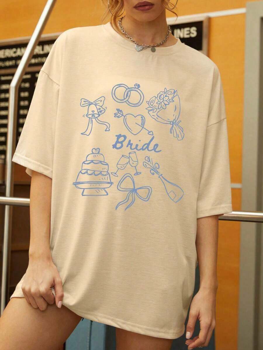 Short-Sleeved T-Shirt With Round Neck And Bridal Text Design, Casual Loose Fit, Bridal Party Gift, Fashionable T-Shirt For Wedding Season, Casual Summer Short-Sleeved T-Shirt, White Color, 100% Cotton. - 杏色 - 查看 1