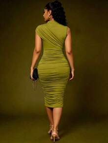 Vestido ajustado de unicolor con pliegues elegante para uso diario de mujer - verde aguacate - Ver 2