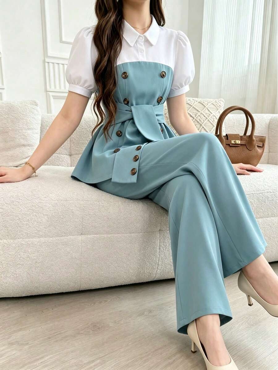 2pcs Girls Lantern Sleeve Collared Top & Wide Leg Pants Set, Casual/Party/Performance Outfit, Spring/Summer - Green - View 1