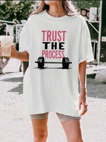 Graphic Print T-Shirt With Dropped Shoulders, Short Sleeves, Round Neck, Casual Top For Spring And Summer, Women's Clothing, Women's Blouses, Shirt. - 白色 - 查看 7