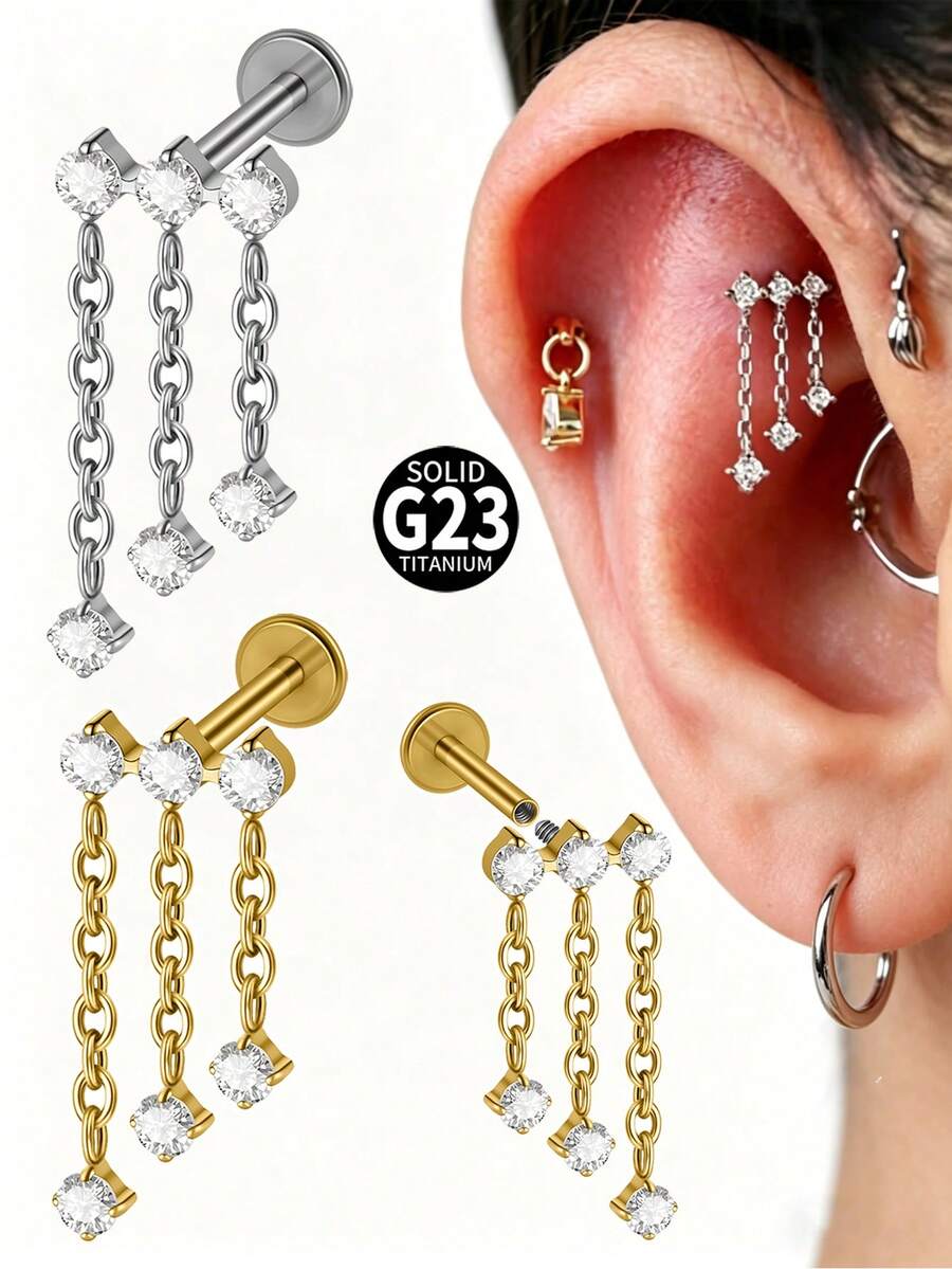 1 chiếc khuyên môi dạng thả bằng titan có ren trong và đính đá Zirconia, kiểu dáng ba dây, thích hợp cho xỏ khuyên tai vành tai (helix), sụn tai (cartilage), vành tai ngoài (tragus), daith.
