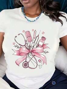 Women's Graphic Short Sleeve T-Shirt With Medical Tools Print, Pink Ribbon And Flowers, Comfortable Fabric Casual Clothing, Suitable As A Gift, Bohemian T-Shirt, Blouses For Women - 白色 - 查看 1