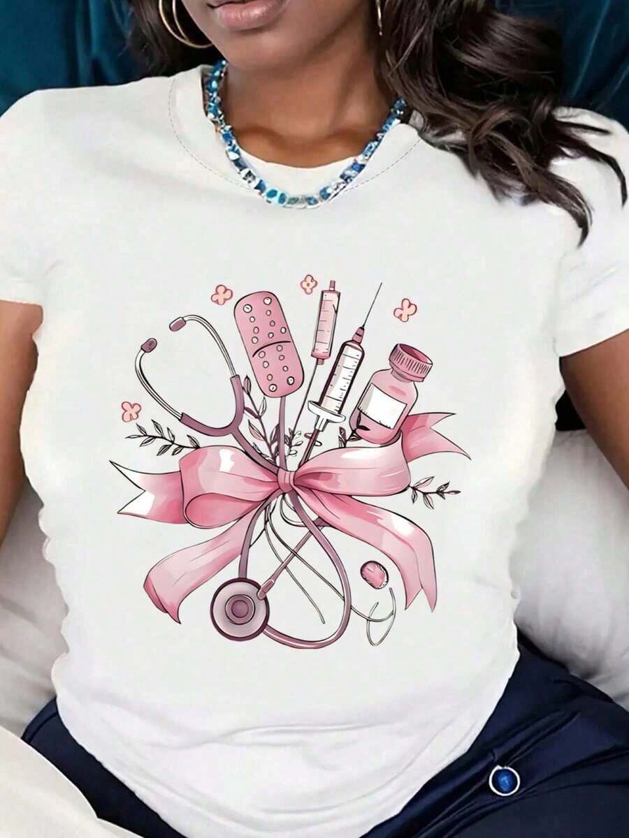 Women's Graphic Short Sleeve T-Shirt With Medical Tools Print, Pink Ribbon And Flowers, Comfortable Fabric Casual Clothing, Suitable As A Gift, Bohemian T-Shirt, Blouses For Women - 白色 - 查看 1