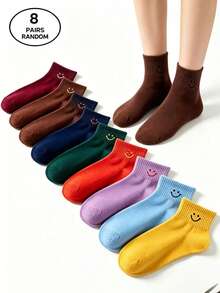 1/8 đôi tất cổ ngắn in hình mặt cười màu pastel ngẫu nhiên, tất mềm mại và thoáng khí dành cho nữ. - Nhiều màu - Xem 6