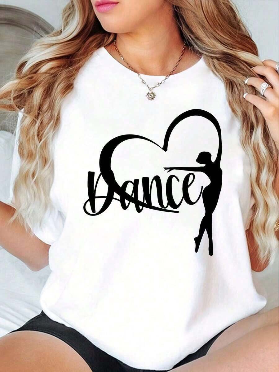 1 Piece Women's Ballerina Themed T-Shirt, Short Sleeve, Round Neck, Casual Blouse With Ballet Dancer Print, Machine Washable, Comfortable Top For Dance Classes, Performances And Casual Wear, 180g 100% Cotton. - 白色 - 查看 1