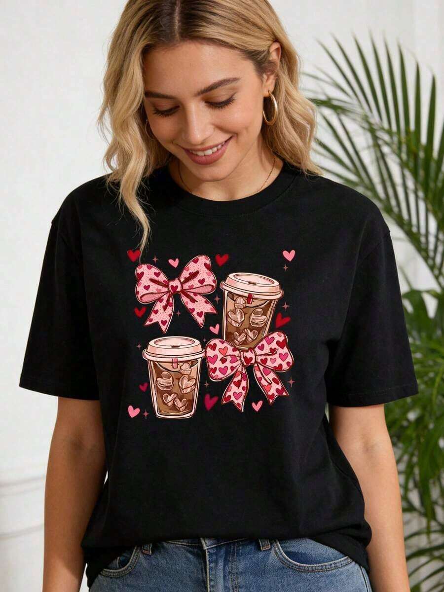 1 Piece Women's Pure Cotton T-Shirt With Coffee And Bow Print, New Design 2026 Print T-Shirt, Casual Round Neck T-Shirt For Spring And Summer, Women's Daily Wear T-Shirt, White/Black/Pink/Yellow/Green/Navy Blue, 180g 100% Cotton. - 黑色 - 查看 1