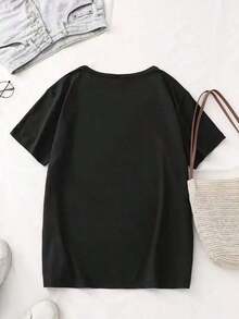1 pieza Camiseta de Mujer con Estampado de Oso Rasgado - Corte Holgado Casual, Manga Corta, Cuello Redondo, Elasticidad Media, Lavable a Máquina, Camiseta Casual para Mujer, Diseño Único, Camiseta de Moda para Primavera y Verano, 180g Algodón 100% - Negro - Ver 2
