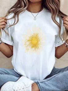 Women's Daisy Flower Print T-Shirt, Casual Summer Short Sleeve Round Neck Graphic Design Top For Daily Wear And Holiday Outfits, 220g - 白色 - 查看 2