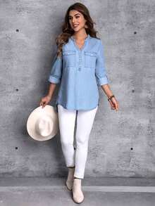 Camisa Vaquera De Manga Larga Con Cuello Con Muescas Para Mujer - Lavado ligero - Ver 6