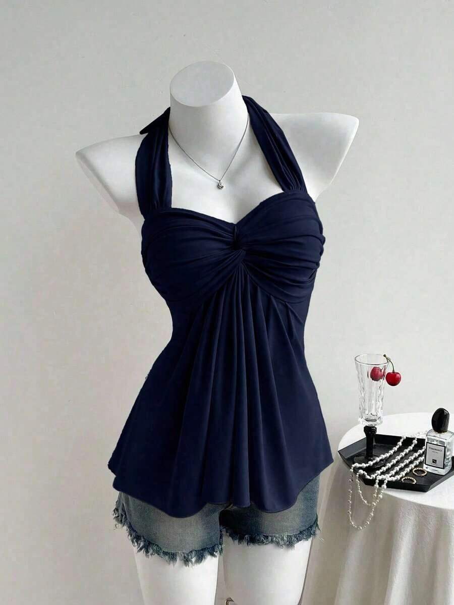 Top de tirantes con estampado de lunares marrones y detalle de nudo en la espalda para mujer, adecuado para verano, vacaciones de primavera, ceremonia de graduación, fiesta de boda, vacaciones elegantes, playa casual, estilo Y2K lindo y sexy y - Azul marino - Ver 1