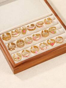 4/6/12/16pcs Stainless Steel 18K Gold Plated Mixed Pattern Rings Set, High Quality Resin Inlaid, Adjustable Size, Assorted Shapes, Suitable For Women Daily Decoration Or Gift - Yellow Gold - View 4