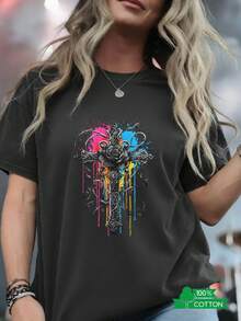 Women's Round Neck T-Shirt With Anime Letter Print, Simple Design, Comfortable And Breathable, Ideal For Casual And Versatile Daily Wear, Showcasing A Natural And Elegant Style, A Must-Have For Summer Parties. - 黑色 - 查看 8