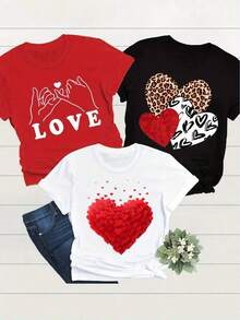 Women's T-Shirt 2026, Ladies' T-Shirt, Colorful T-Shirt, Funny T-Shirt, Black, White, One-Piece, College Style T-Shirt, Short Sleeve T-Shirt For Women, Round Neck, Loose Fit, Casual, With Leopard Print And Red Heart Pattern, Suitable For Home Use. - 白色 - 查看 1