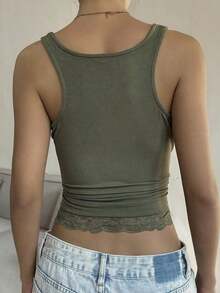 Camiseta sin mangas negra casual de primavera/verano con encaje calado y parches, ajuste ceñido, adecuada para boda, fiesta, Día de San Valentín, estilo Y2K - Verde militar - Ver 3