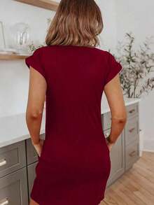 Vestido casual de bolsillo de unicolor para uso diario y viajes, verano - Burdeos - Ver 4