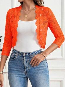 Chaqueta corta elegante de mujer de encaje floral transparente y ligera, estilo de vacaciones, primavera/verano - Naranja Quemada - Ver 3
