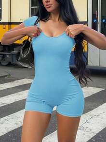 Mono de mujer , escote en U, silueta minimalista, ropa interior moldeadora cómoda, casual, sexy, versátil para exteriores, viajes, fiesta en la playa, vacaciones en el campo, vacaciones, Pascua, graduación, regreso a la escuela, mono de verano, ajust - Lago Azul - Ver 9