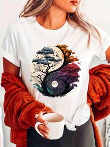 Haut femmeLajia - Camiseta de moda con estampado de letras Árbol de la Vida en gris y amarillo, manga corta, cuello redondo, top casual para verano y primavera, ropa de mujer, holgada y cómoda. - Atrás - Ver 6