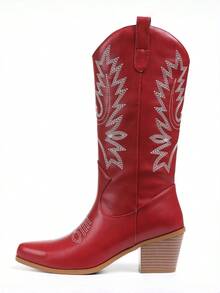 Fashion Retro Women's Cowboy Boots Pointed Toe Embroidery Block High Heel Pull On Wide Calf Cowgirl Boots Country Concert Outdoors Summer Boots - 紅色短(1) - 查看 8