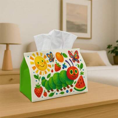 1pc Caterpillar & Fruit Print Tissue Box, Durable Fabric Storage Box For Home, Office, Car Decor