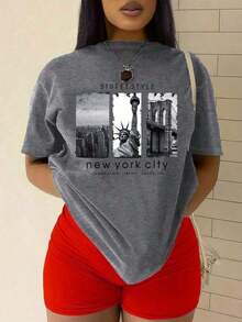 Camiseta de manga corta con estampado de paisajes y letras de gran tamaño para el verano, estilo urbano, Nueva York, EMPIRE STATE, LIBERTY, BROOKLYN, camisetas gráficas para mujer. - Gris - Ver 1