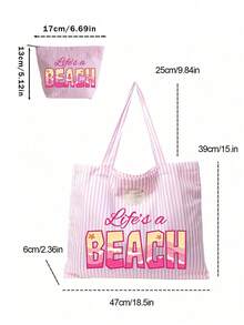 “Life's A Beach”印花 - 复古粉白条纹帆布手提包,女士大容量条纹沙滩托特包,旅行沙滩包兼时尚购物单肩包,可折叠帆布单肩手提包,防水防沙旅行包,夏季必备单品,适合海滩旅行、泳池派对、购物和日常使用,适合女性、旅行者和海滩爱好者,也适合复活节、教师节和假期等场合。 - 彩色 - 查看 12