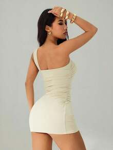 Vestido de un hombro con falda de cola de pez fruncida, decoración de broche de color dorado, vestido de invitada de boda de otoño, vestido de fiesta - Albaricoque - Ver 2