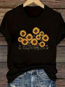 Women's Black Short-Sleeved T-Shirt With Rainbow Skeleton Hand Print, Round Neck, Soft And Smooth Design, Cool And Breathable, Casual Style, Attractive, Bohemian And Urban, Suitable For Daily Comfort And Relaxation. - 黑色 - 查看 1