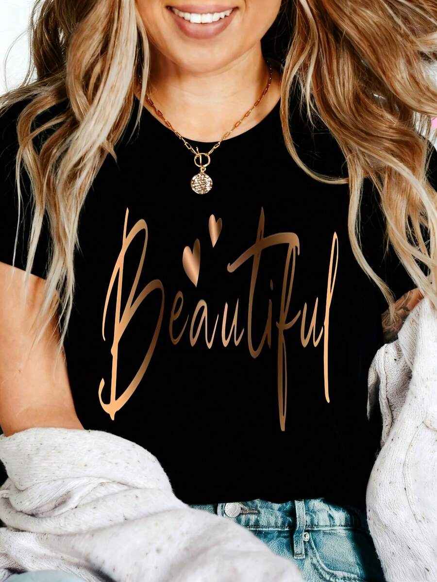 Beautiful Heart Graphic T-Shirt, 100% Cotton Oversized Soft Breathable Casual Crewneck Short Sleeve Top, Romantic Aesthetic Summer Vibes Tee For Women & Self-Love Lovers - 黑色 - 查看 1