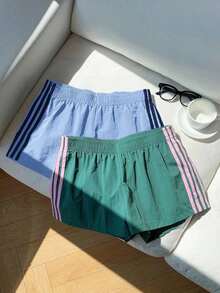 2 piezas Shorts casuales de estilo callejero para mujer con contraste de color en la cinta, shorts de lunares, verano - Celeste - Ver 7