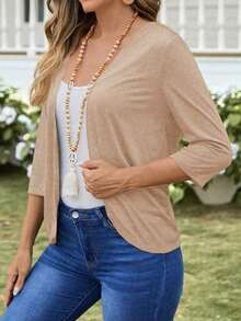 Chaqueta ligera de mujer de unicolor con abertura frontal y manga 3/4 casual - Albaricoque - Ver 5
